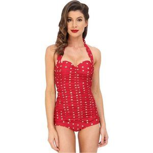 NEW Unique Vintage Red Monroe Ruched Swimsuit L